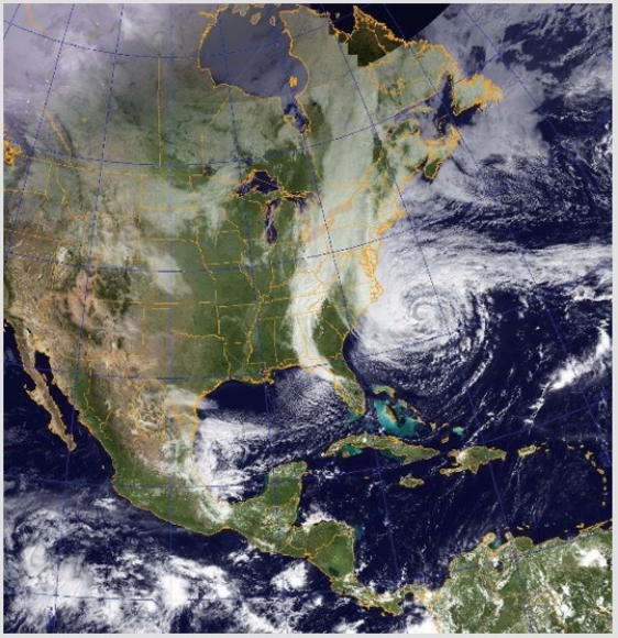 Considering the history of Hurricane Sandy,what happened to the hurricane following the event shown in this image?   A) It turned eastward across the Atlantic Ocean,sparing the land B) It collided with a storm system coming eastward across the continent C) It turned south and caused damage in the Caribbean D) It turned southwest and caused damage to Florida