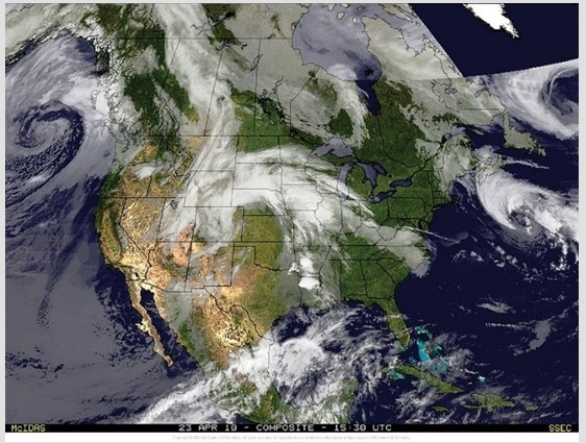 This satellite image shows conditions on Day 1 of the weather investigation.What type of feature is located over the center of North America?   A) A mid-latitude cyclone B) ITCZ C) Bermuda-Azores high D) Tibetan high