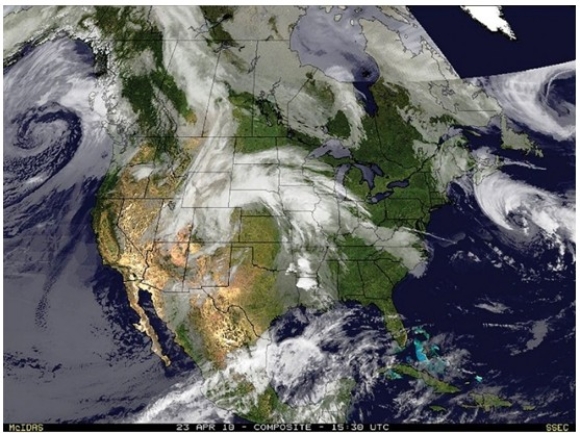 This satellite image shows conditions on Day 1 of the weather investigation.What is likely to be the general path of the storm system in the center of the U.S.from this day to the next (Day 2) ?   A) West to east,steered by the westerlies B) West to east,steered by the trade winds and ITCZ C) East to west,steered by the westerlies D) East to west,steered by the trade winds and ITCZ