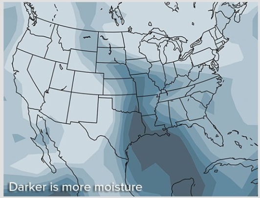 This map shows atmospheric moisture on Day 1 of the weather investigation,with darker areas showing the highest amount of moisture.Based on this map,which area has the moistest air?   A) Northwestern United States B) Northeastern United States C) Southwestern United States D) Southeastern United States