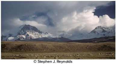 In this image from Tibet,water is expressed in a visible form through   A) water vapor in the atmosphere. B) clouds suspended in the atmosphere. C) ice and snow. D) clouds,ice,and snow. E) All of the answers here are correct.