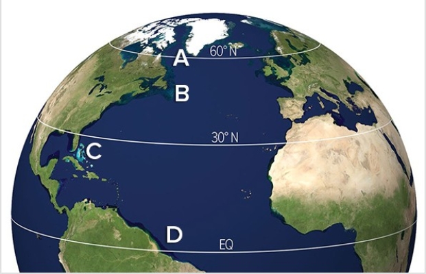 Which of the following locations would have the highest specific humidity?   A) A B) B C) C D) D