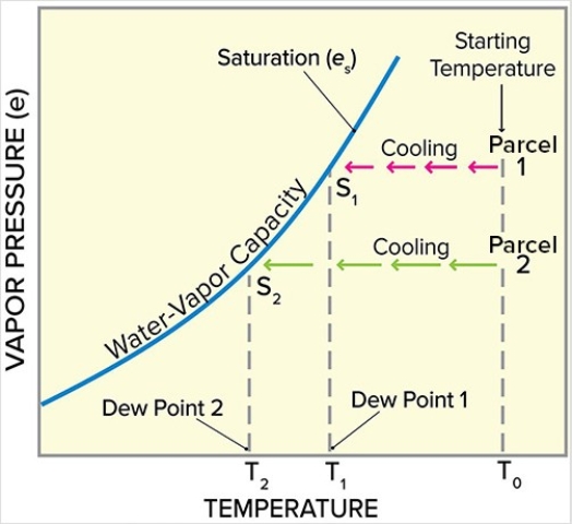 Consider the characteristics of two parcels of air starting at T0.Which of the following statements is true regarding parcel of air 1 and parcel of air 2?   A) Parcels 2 and 1 have the same amount of water vapor in order to reach saturation. B) Parcel 2 has less water vapor than 1 and will need to cool more than 1 to reach saturation. C) Parcel 2 has more water vapor than 1 and will need to cool more than 1 to reach saturation. D) Parcel 2 is warmer than 1 and will need to cool more than 1 to reach saturation.