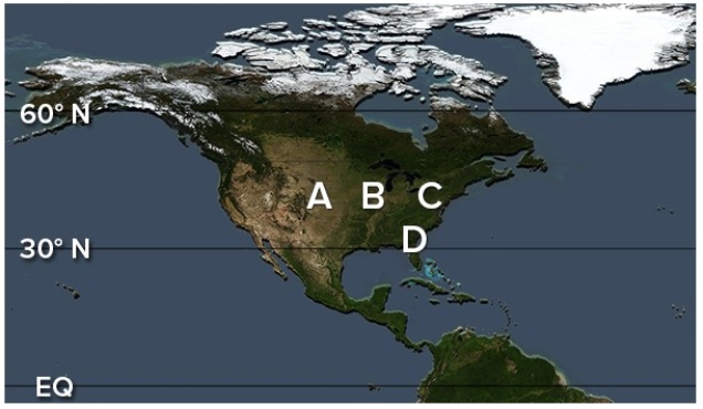 Which of the following locations would have low July dew points,primarily because of the rain shadow effect?   A) A B) B C) C D) D