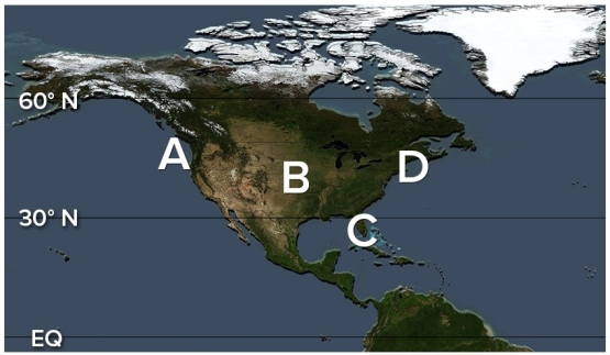 Which of the following locations has the best setting for creating radiation fogs?   A) A B) B C) C D) D