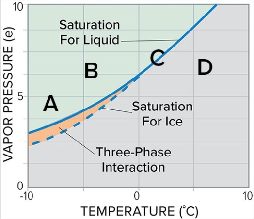 At what point on this water vapor saturation curve graph will water vapor be deposited on ice crystals while liquid water droplets will evaporate?   A) A B) B C) C D) D
