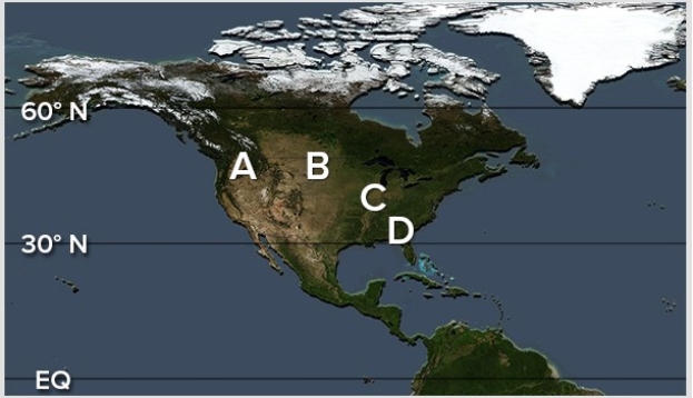 Which of the following locations experiences the greatest frequency of freezing rain due to the typical storm track of midlatitude cyclones?   A) A B) B C) C D) D