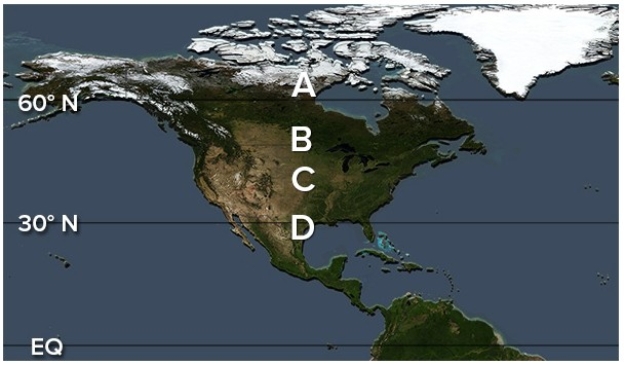 Which of the following locations would have the lowest January precipitation totals as a result of the air's low water vapor capacity?   A) A B) B C) C D) D