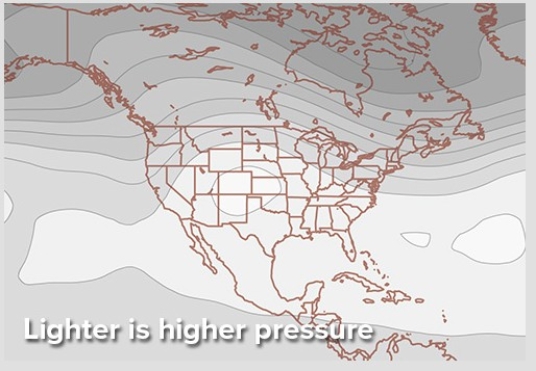 The 500 mb pressure patterns displayed would bring ________ to Texas and the High Plains.   A) zonal flow that neither suppresses nor supports storms B) a trough of low pressure,supporting storm formation, C) zonal flow,supporting storm formation, D) a ridge of high pressure,suppressing storm formation,