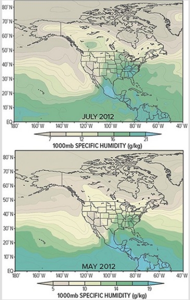 Observe these two maps of specific humidity,the top from July 2012,the bottom from May 2012.Which condition could account for the observed changes?   A) July strengthening of the Bermuda-Azores high advecting moisture to the High Plains from the Gulf of Mexico B) May strengthening of the Bermuda-Azores high advecting moisture to the High Plains from the Gulf of Mexico C) July strengthening of the Hawaiian high advecting moisture in a zonal pattern to the High Plains from the Pacific D) May strengthening of the Hawaiian high advecting moisture in a zonal pattern to the High Plains from the Pacific