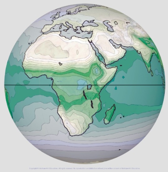 This globe from the atmospheric moisture investigation shows specific humidity,with blue and green being highest.Which part of Africa has the highest specific humidity?   A) In the far north,close to the Mediterranean Sea B) Along the equator C) Near the southernmost tip,which is surrounded by ocean on three sides