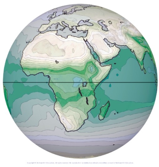 This globe from the atmospheric moisture investigation shows specific humidity,with blue and green being highest.What feature most likely coincides with the area of highest specific humidity?   A) The Intertropical Convergence Zone (ITCZ)  B) The subtropics C) The belt of westerlies D) The polar easterlies