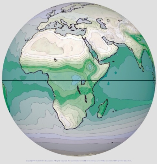 This globe from the atmospheric moisture investigation shows specific humidity,with blue and green being highest.Which of the following parts of Africa has the lowest specific humidity?   A) The northern part B) Along the equator C) Along the entire east coast of the continent D) Along the entire west coast of the continent