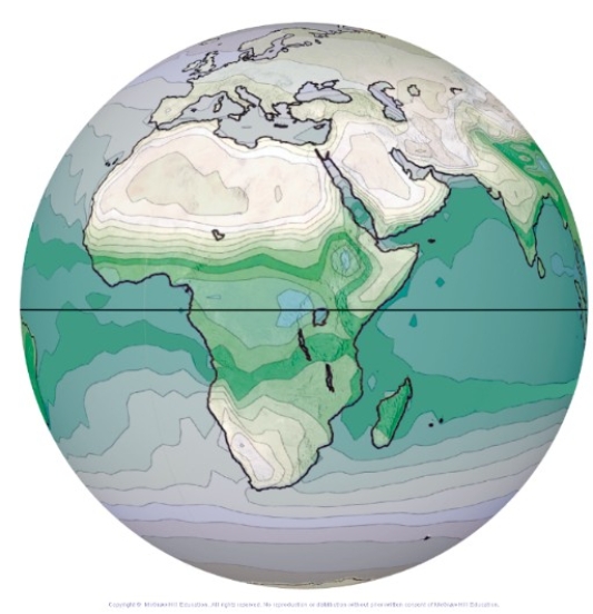 This globe from the atmospheric moisture investigation shows specific humidity,with blue and green being highest.What feature most likely coincides with the area of lowest specific humidity?   A) The Intertropical Convergence Zone (ITCZ)  B) Dry,descending air in the subtropics C) The trade winds D) The cold dry air of the polar easterlies