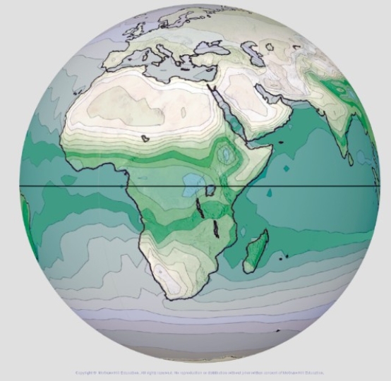 This globe from the atmospheric moisture investigation shows specific humidity,with blue and green being highest.What is a possible explanation for why specific humidity values are relatively low in the ocean adjacent to the western coast of southern Africa?   A) The ITCZ shifts position with season B) The presence of a cold ocean current C) The westerlies blow from north to south in this area D) The westerlies blow south to north in this area