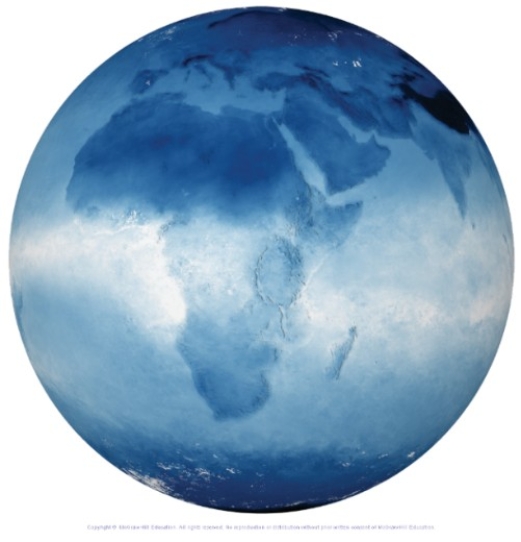 This globe from the atmospheric moisture investigation shows water-vapor content,with brighter being more water vapor.Which of the following parts of Africa has the lowest water vapor content?   A) The northern part B) Along the equator C) The east coast