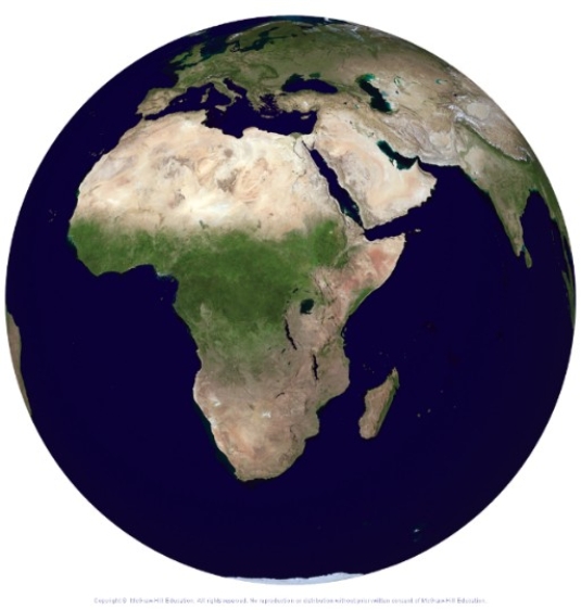 This globe from the atmospheric moisture investigation shows land cover,with green being vegetation and tan and brown being bare rock and sand.The areas with the least vegetation (they are light on a black and white version) correlate most clearly with which aspect?   A) Location of the trade winds B) Location of the ITCZ C) Excessive amounts of precipitation D) Low specific humidity,water vapor,and precipitation