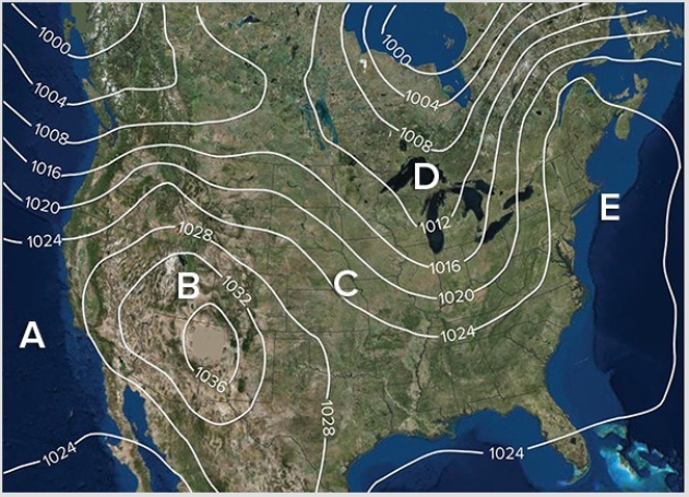 What location best represents a trough of low pressure?   A) A B) B C) C D) D E) E