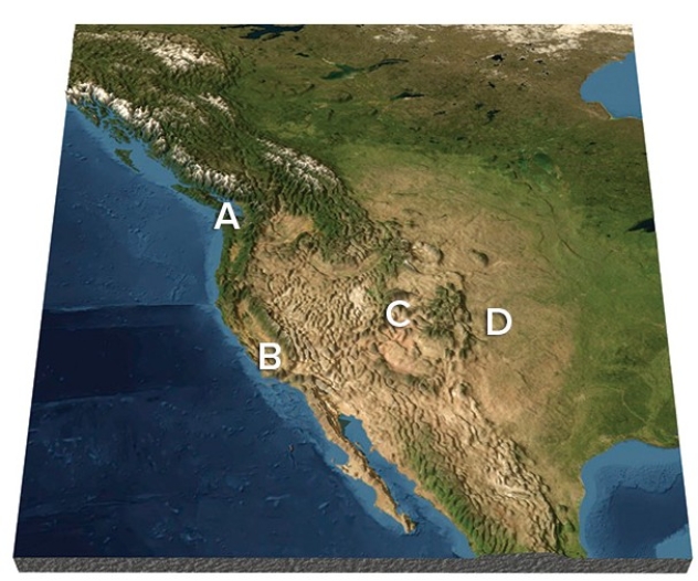 Which of the following locations has the greatest chance of experiencing Chinook winds?   A) A B) B C) C D) D