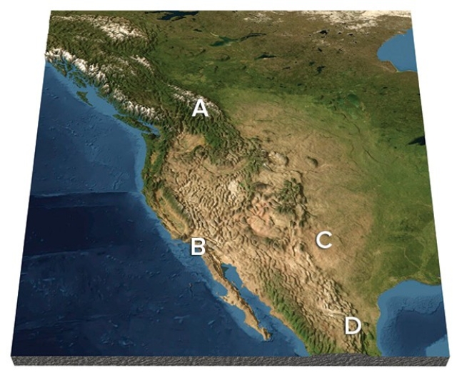 Which of the following locations has the greatest chance of experiencing Santa Ana winds?   A) A B) B C) C D) D