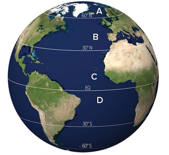 Which wind belt is located at letter D?   A) Polar Easterlies B) Westerlies C) Northeast Trade Winds D) Southeast Trade Winds