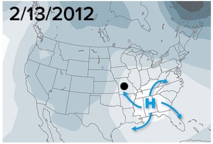 The dot on this map represents Missouri.Based on your knowledge of the anticyclone's wind direction,how would temperatures change between 2/11/2012 and 2/13/2012?     A) Cooler then warmer B) Warmer then cooler C) Cold then colder D) Temperatures wouldn't change