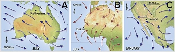 Which of the following represents the best wind pattern for monsoon precipitation conditions?   A) A B) B C) C D) None of these choices are best at maximizing monsoon precipitation.