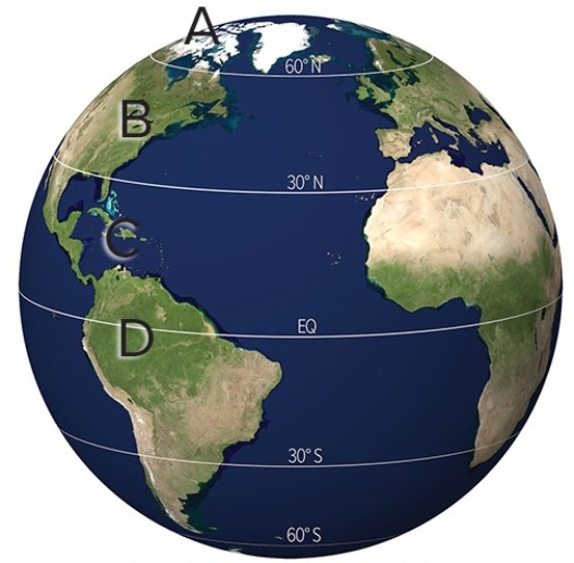 Where is the least and greatest amount of outgoing longwave radiation (OLR) located?   A) A and B B) A and C C) A and D D) C and D