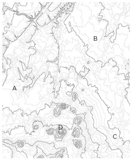 In the topographic map below,the place with the greatest relief among the four choices is at   A) A. B) B. C) C. D) D.