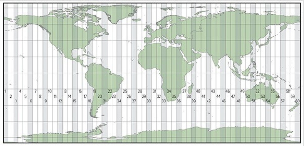 The map below shows zone numbers associated with which coordinate system?   A) Universal Transverse Mercator B) State Plane Coordinate System C) Public Land Survey System
