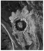 This radar image of a crater on Venus shows:   A) an area of light-colored,smooth rocks around the crater B) that the crater contains dark-colored,rough rocks C) a central area of dark-colored hematite surrounded by light-colored feldspar D) the roughness of the materials,but does not indicate whether the rocks are light or dark colored