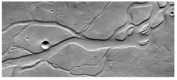 What do these channels indicate about past events on Mars?   A) there were explosive volcanic eruptions B) strong winds eroded into a series of volcanic layers C) the surface once had running water that eroded and deposited sediment D) glaciers once covered the entire planet
