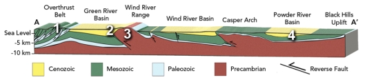 Which setting in this cross section of Wyoming would most likely trap oil in the subsurface?   A) 1,the overthrust belt,which has shuffled sedimentary rocks B) 2,where sedimentary rocks of the Green River Basin have been overridden beneath the Wind River Range C) 3,the top of the Wind River Range,which is an anticline composed of Precambrian granite and metamorphic rocks D) the Powder River Basin,which has coal bends in a syncline E) both 1 and 2