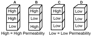 Which sequence of rocks in the associated figures could result in a confined aquifer (L = low permeability and H = high permeability) ?   A) A B) B C) C D) D