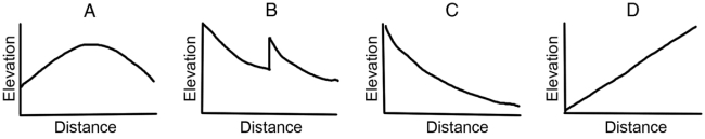 Which of the following graphs is typical for the profile of a river?   A) A B) B C) C D) D