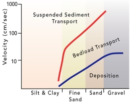 What does the associated graph indicate about a stream?   A) Silt and clay are carried in suspension under most stream velocities. B) Sand and gravel are deposited at low velocities but transported at higher velocities. C) Sand is carried in suspension only at high velocities. D) As fast-moving water slows down,fine sand can switch from transport by suspension to the bed load. E) All of these.