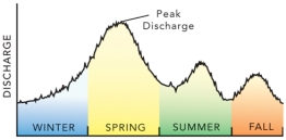 On this graph of discharge versus season for a river in the Rocky Mountains,why is the highest runoff likely to be in the spring?   A) winter snow melts in the spring B) the Rocky Mountains have many tornadoes during the spring C) the Rocky Mountains experience hurricanes in the spring D) all of these