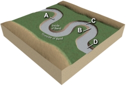 Which site along this stream would have the highest velocity for that segment of the stream?   A) A B) B C) C D) D