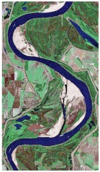 What type of stream is shown in this figure?   A) braided stream B) a stream whose channel has a low sinuosity C) meandering stream D) a stream that lacks point bars E) all of these