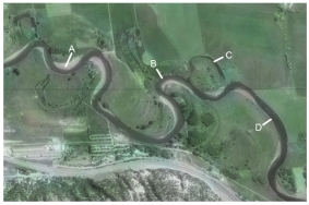 Which of the features on this aerial photograph is an oxbow lake?   A) A B) B C) C D) D