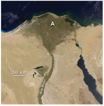 Feature A,formed where the Nile River encounters the Mediterranean Sea,is:   A) a landslide B) a series of waterfalls C) a delta D) all of these