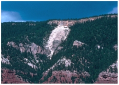 Which of the following might indicate that slopes adjacent to this landslide might fail?   A) they have the same steepness as the slope that failed B) they appear to have a similar geology setting C) one part of the slope has already failed D) all of these