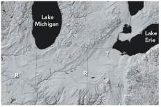 What is the origin of smooth troughs (T on this figure) cutting across the landscape in the Great Lakes area?   A) the areas were covered by soft marine sediments B) a huge flood coming from Iowa flowed toward the Great Lakes C) glaciers carved the smooth troughs D) all of these