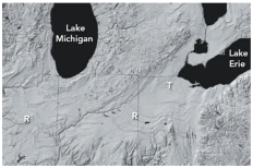 What is the origin of curved ridges (R on this figure) in the Great Lakes area?   A) folds produced during a continental collision B) paths of ancient rivers C) piles of sediment deposited by retreating glaciers D) remnants of a meteoroid impact