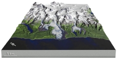 What type of glacier is shown on the gently sloping land near the coastline?   A) tropical coast glacier B) shoreline glacier C) piedmont glacier D) continental ice sheet