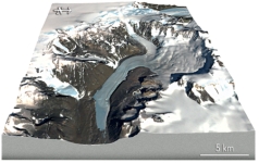 What type of glacier is shown in the center of this image?   A) ribbon glacier B) valley glacier C) low-elevation glacier D) high-elevation glacier