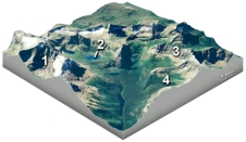 Which feature on this diagram is a cirque?   A) 1,the circular depression at the head of the valley B) 2,a lake in the upper valley C) 3,a steep ridge D) 4,a valley that is above the level of the main valley