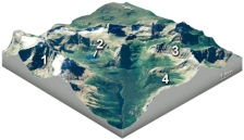 Which feature on this diagram is a tarn?   A) 1,the circular depression at the head of the valley B) 2,a lake in the upper valley C) 3,a steep ridge D) 4,a valley that is above the level of the main valley