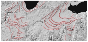 What do the curved ridges shown on this diagram record?   A) ancient shoreline from the Great Lakes B) folds formed by a continental collision C) large fissures that formed within glacier and filled with wind-blown dust D) past positions of the front of a glacier as it retreated