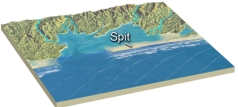 Which way is the current moving along this coastline?   A) out to sea B) in toward the coast C) from right to left D) from left to right